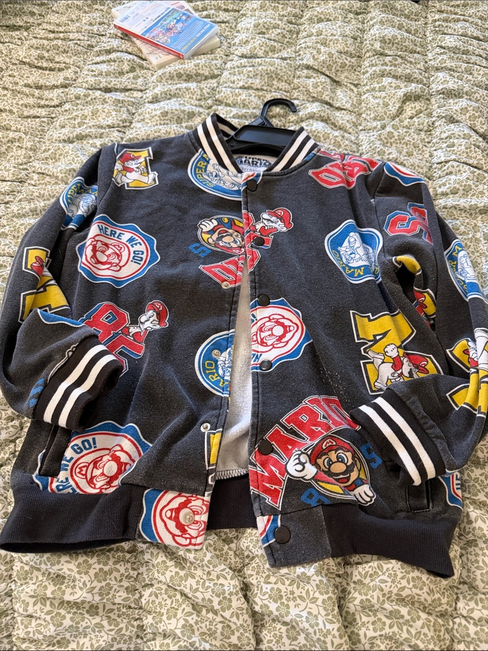 Kids Black Graphic Bomber Jacket with Colorful Game Character Patches
